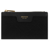 Front product shot of the Oroton Lena Small Slim Zip Wallet in Black/Black and Oroton Signature Recycled Jacquard Fabric. Smooth Leather for Women