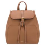 Front product shot of the Oroton Dylan Medium Zip Buckle Backpack in Tan and Pebble Leather for Women