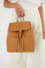 Oroton Dylan Medium Zip Buckle Backpack in Tan and Pebble Leather for Women