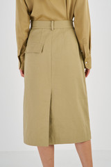 Profile view of model wearing the Oroton Tailored Midi Skirt in Rye and 100% Cotton for Women