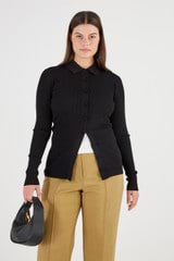 Profile view of model wearing the Oroton Long Sleeve Rib Cardi in Black and 77% Viscose 23 % Polyester for Women