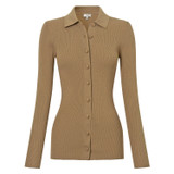 Front product shot of the Oroton Long Sleeve Rib Cardi in Tobacco and 77% Viscose 23 % Polyester for Women