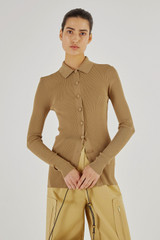 Oroton Long Sleeve Rib Cardi in Tobacco and 77% Viscose 23 % Polyester for Women