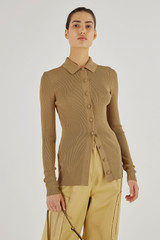 Oroton Long Sleeve Rib Cardi in Tobacco and 77% Viscose 23 % Polyester for Women