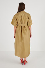 Profile view of model wearing the Oroton Silk Shirt Dress in Tobacco and 100% Silk for Women
