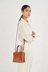 Oroton Harvey Small Tote in Cognac and Oroton Logo Printed Coated Canvas. Smooth Leather Trims for Women