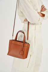 Oroton Harvey Small Tote in Cognac and Oroton Logo Printed Coated Canvas. Smooth Leather Trims for Women