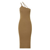 Front product shot of the Oroton Strap Detail Knit Dress in Tobacco and 77% Viscose 23 % Polyester for Women