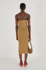 Profile view of model wearing the Oroton Strap Detail Knit Dress in Tobacco and 77% Viscose 23 % Polyester for Women