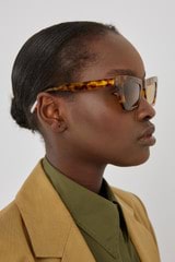 Profile view of model wearing the Oroton Sunglasses Alba in Vintage Tort and Acetate for Women
