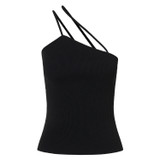 Front product shot of the Oroton Strap Detail Knit Top in Black and 77% Viscose 23 % Polyester for Women