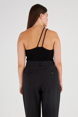 Profile view of model wearing the Oroton Strap Detail Knit Top in Black and 77% Viscose 23 % Polyester for Women