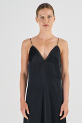 Profile view of model wearing the Oroton Diamond Detail Slip Dress in Black and 80% acetate, 20% polyester for Women