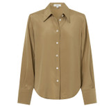 Front product shot of the Oroton Slim Fit Silk Shirt in Tobacco and 93% Silk 7% Spandex for Women