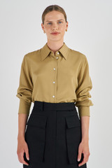 Oroton Slim Fit Silk Shirt in Tobacco and 93% Silk 7% Spandex for Women