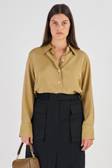 Oroton Slim Fit Silk Shirt in Tobacco and 93% Silk 7% Spandex for Women