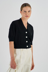 Oroton Short Sleeve Cropped Cardi in Black and 100% Merino Wool for Women