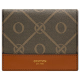 Front product shot of the Oroton Harvey Signature Small Wallet in Black/Cognac and Oroton Logo Printed Coated Canvas. Smooth Leather Trims for Women