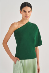 Profile view of model wearing the Oroton Mesh Stitch One Shoulder Top in Treehouse and 83% Viscose, 17% Polyester for Women