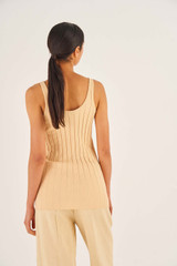 Profile view of model wearing the Oroton Rib Tank in Creamed Honey and 77% Viscose 23% Polyester for Women