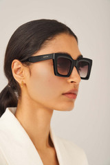 Profile view of model wearing the Oroton Reese Sunglasses in Black and Acetate for Women