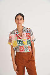 Oroton Quilt Print Camp Shirt in Bone and 100% Silk for Women