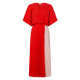 Front product shot of the Oroton Colour Block Pleat Dress in True Red and 100% Polyester for Women