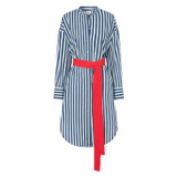Front product shot of the Oroton Long Sleeve Stripe Shirt Dress in North Sea and 100% Cotton for Women