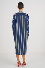 Profile view of model wearing the Oroton Long Sleeve Striped Shirt Dress in North Sea and 100% Cotton for Women