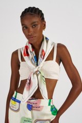 Profile view of model wearing the Oroton Sardinia Silk Scarf in Multi and 100% Silk for Women