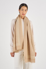 Profile view of model wearing the Oroton Hannah Wrap Scarf in Fawn and  for Women