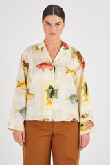 Profile view of model wearing the Oroton Botanical Fish Print Shirt in Multi and 100% Silk for Women