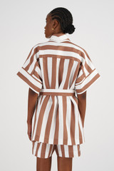 Profile view of model wearing the Oroton Capri Stripe Robe in Iced Chocolate and 100% Linen for Women