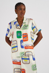 Profile view of model wearing the Oroton Sardinia Print Camp Shirt in Multi and 100% Silk for Women