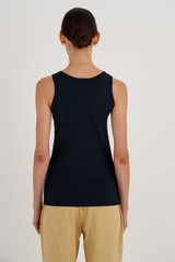 Profile view of model wearing the Oroton Knit Tank in North Sea and 83% Viscose, 17% Polyester for Women