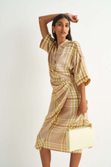 Profile view of model wearing the Oroton Check Shirt Dress in Camel Check and 100% Viscose for Women