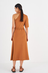 Profile view of model wearing the Oroton Asymmetric Dress in Toffee and 77% Viscose 23% Polyester for Women
