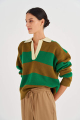 Profile view of model wearing the Oroton Stripe Rugby Knit in Deep Olive and 100% Wool for Women