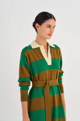 Profile view of model wearing the Oroton Stripe Rugby Dress in Deep Olive and 100% Wool for Women