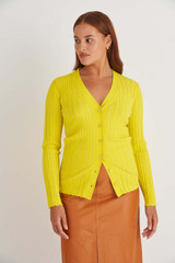 Profile view of model wearing the Oroton Long Sleeve Rib Cardi in Bright Chartreuse and 77% Viscose 23% Polyester for Women