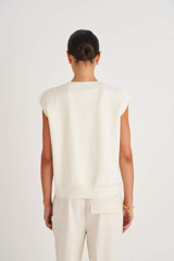 Profile view of model wearing the Oroton Crop Crew Knit in Marshmallow and 77% Viscose 23% Polyester for Women