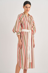 Profile view of model wearing the Oroton Garden Party Stripe Dress in Primrose and 100% Cotton for Women