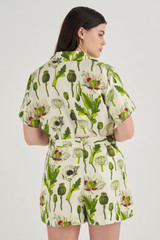 Profile view of model wearing the Oroton Garden Poppy Print Short in Soft Cream and 100% Silk for Women