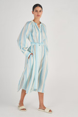 Profile view of model wearing the Oroton Stripe Shirt Dress in Sky and 100% Linen for Women