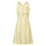 Front product shot of the Oroton Stripe Apron Dress in Marigold and 100% Linen for Women