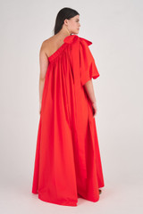 Profile view of model wearing the Oroton One Shoulder Dress in True Red and 100% Cotton for Women