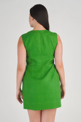 Profile view of model wearing the Oroton Bow Short Dress in Garden and 100% Linen for Women