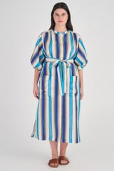 Profile view of model wearing the Oroton Lake Stripe Long Dress in Lake and 100% Silk for Women