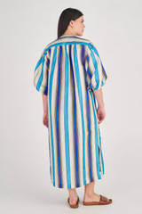 Profile view of model wearing the Oroton Lake Stripe Long Dress in Lake and 100% Silk for Women