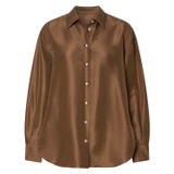 Front product shot of the Oroton Silk Long Sleeve Shirt in Dark Chocolate and 100% Silk for Women